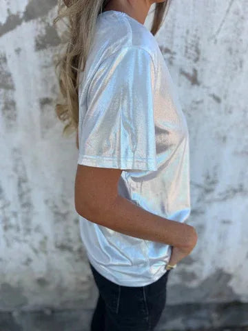 🍒Metaalagtige los top blink kortmou T-hemp dames spesiale geleentheid tops goud T-hemp o-nek mode slim gemaklike damesklere Top 'Talic Tee