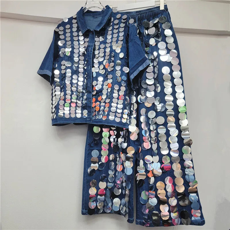 🍒Spring summer women Y2K style niche fashion chic large sequined short sleeve shirt and matching wide leg pants set clubwear party outfit Theirs Gold In Silver