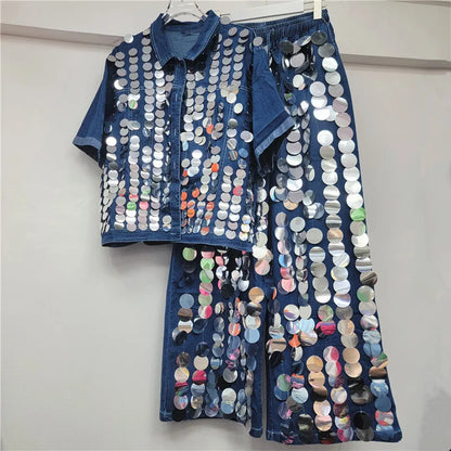 🍒Spring summer women Y2K style niche fashion chic large sequined short sleeve shirt and matching wide leg pants set clubwear party outfit Theirs Gold In Silver