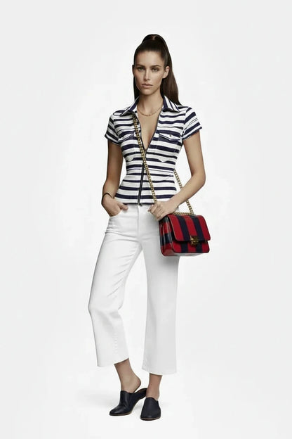 🍒Striped top short sleeve cropped smooth-print design, fashion faux denim printed short-sleeve shirt with real pockets for women casual shirts  Snatch A Stripe Shirt