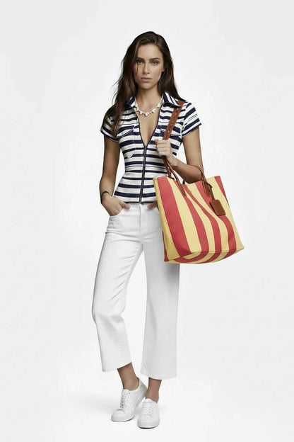 🍒Striped top short sleeve cropped smooth-print design, fashion faux denim printed short-sleeve shirt with real pockets for women casual shirts  Snatch A Stripe Shirt