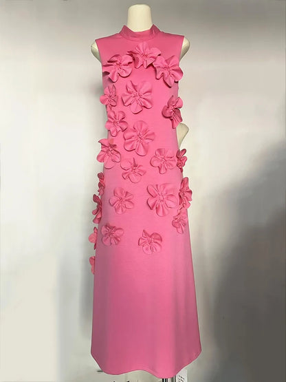 🍒Female evening dress 3D flower dress women sleeveless stand collar outfit maxi a-line occasion wear party wear fashion Always Have A-line Of Appliques In Your Armoire