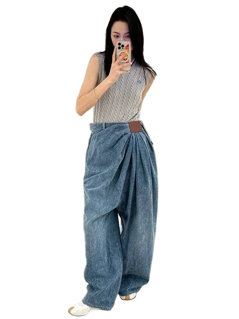 🍒Denim trouser baggy loose pleated casual wide leg jeans women designer mid waist pants washed long casual bottoms Gather Cool