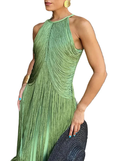 🍒Multi-layer tassel dress women's solid o-neck sleeveless cocktail dress elegant female fashion ball party outfit occasion wear club wear holiday beach party wear No Tossle Tassle