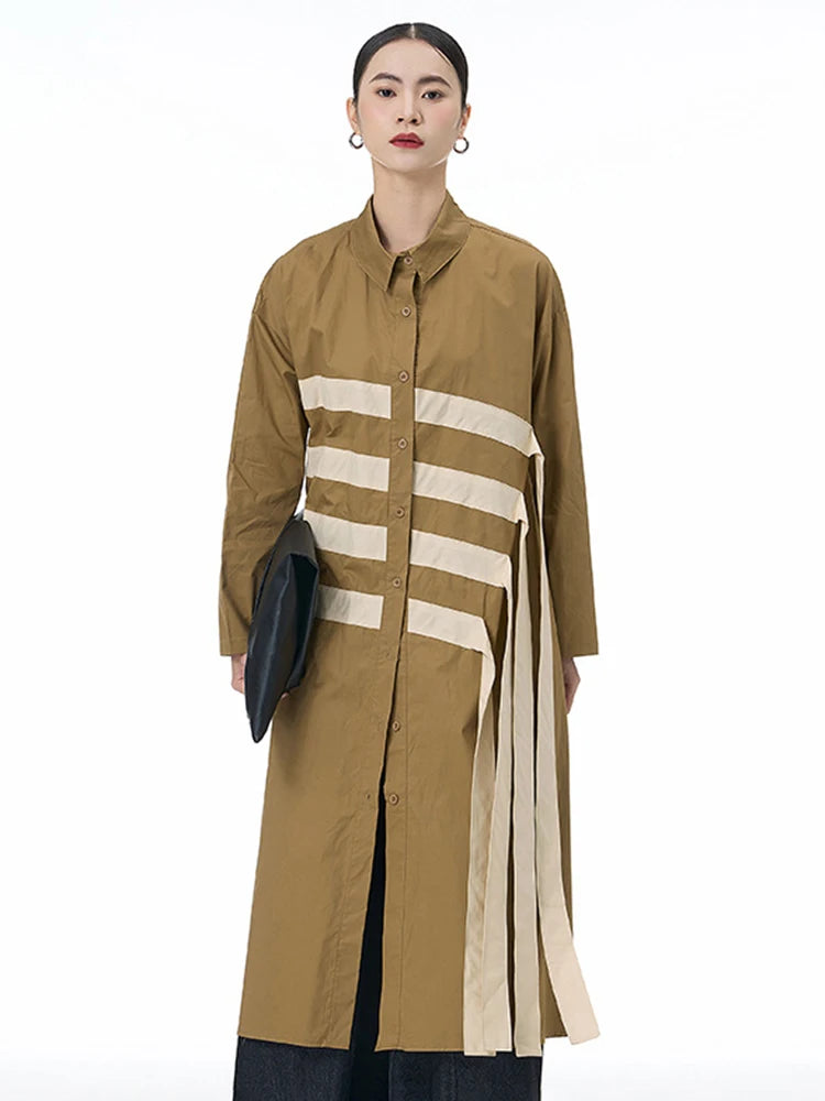 🍒black striped shirt dress women ribbon colour-block big size coat dress a-line with long sleeve and turn down collar fashion smart casual outwear Get A ZEBRA aCROSS a shirt dress cool thING
