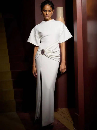 🍒Short sleeve maxi dress  ruched outfit brown women side split occasion dress with belt metal fashion o-neck club party wear occasion white long dresses Paint The Town Red In Brown