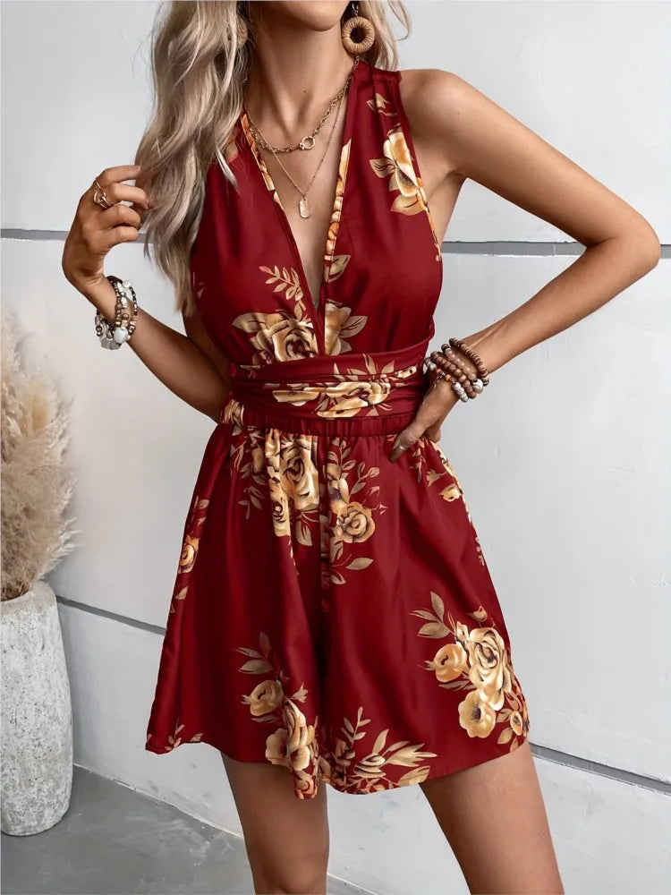 🍒 Gedrukte speelpakkie vir vroue, kruisrug-jumpsuit, veelkleurige somermode, V-nek-uitrustings, los partytjiedrag, klubdrag Xstrodinary Florals