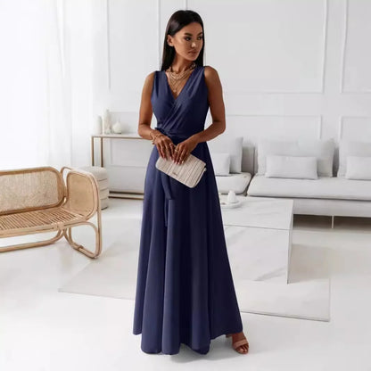 🍒Elegant party dresses for women v-neck sleeveless belt evening wear solid colour occasion wear outfit party wear maxi fashion Feminine Female Fashion Flair