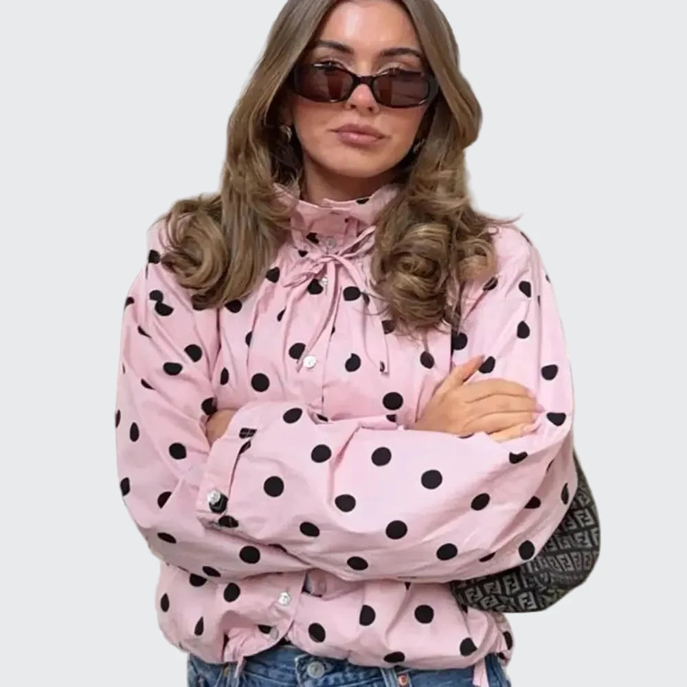 🍒Polka kol modieuse pienk baadjies lente/somer klere gedrukte los bedekkingsbaadjie-top met staankraag, sjiek gemaklike klere met trekkoorddetail Lente, Liefling