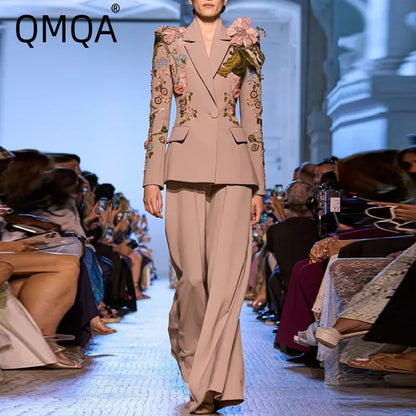 🍒Women's 2 piece occasion wear suit beaded set 3d flower Jacket Coat plus wide-leg pants female fashion clothes Plant This Floral In Your Basket