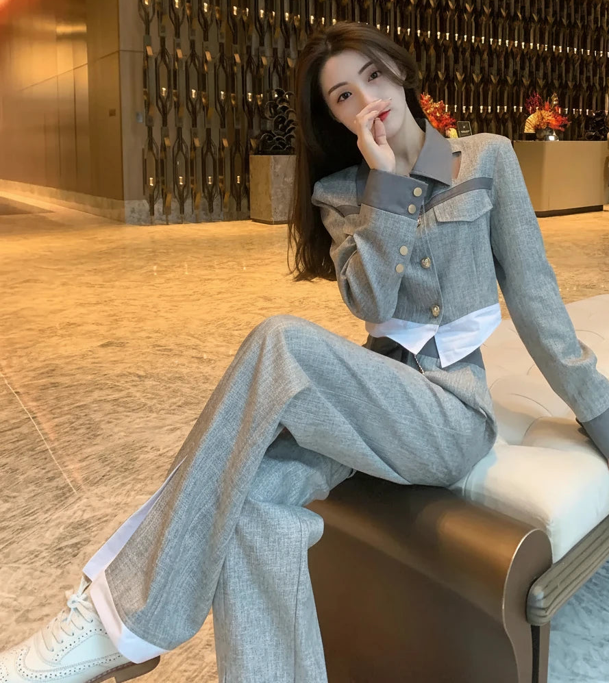 🍒Pants woman office wear and top 2 piece sets for women smart casual clothing suits spring autumn wear Everbody Suits Grey