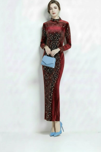 🍒Bodycon o-nek langmou rok glitter strass uitrusting fluweel sjiek oesjaarstyl klere sjiek herfsmode partytjie geleentheid drag Kry Wyn Stoned