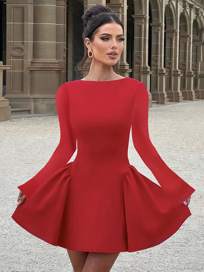 🍒Elegant long sleeve mini dress fit and fare solid o-neck high waist outfits a-line bodycon party club clothing Show Your flair In A fitted