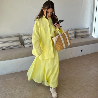 🍒Tweedelige vroueklere-stelle somerdrag afdraaikraag-hemp volmou-top plus gedrapeerde lang romp uitrusting maxi vroulike mode ontspanne slim gemaklike drag Kalk In Jou Suurlemoen