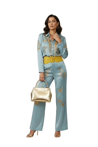 🍒Sequin two piece set long sleeve shirt top with elasticated waist party trousers smart casual clothing occasion outfit for women holiday vacation clothes for beach party Suitable Satin