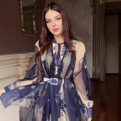 🍒V-neck mesh maxi dress Ink blue print design waist cinching outfit a-line for women loose mesh gown for ladies occasion wear partywear write Your fashion Story with ink