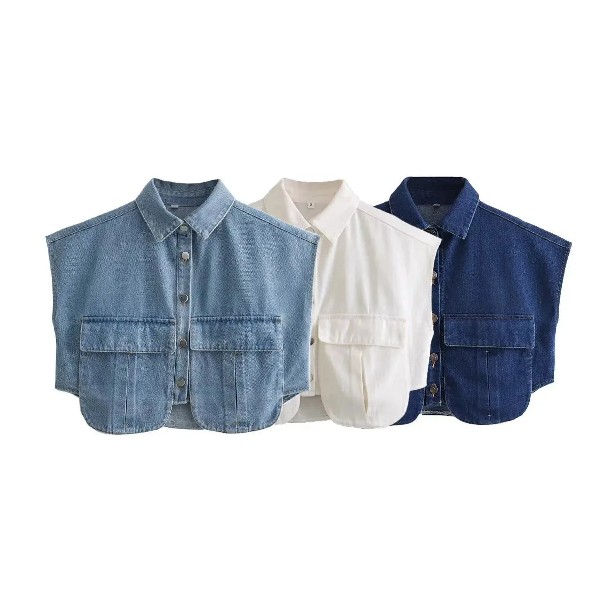 🍒Women's summer cropped shirt sleeveless blouse top ladies elegant with large pockets vintage style chic casual solid summer clothing high end cardigan denim top Pocket This Crop