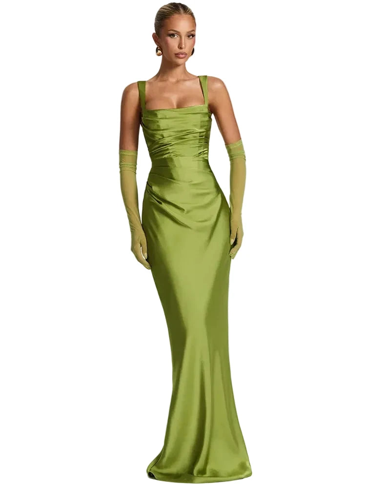 🍒Satin backless sleeveless long dress satin maxi outfits for women spaghetti straps lace-up back bodycon club wear party occasion clothing  Kool kiwi