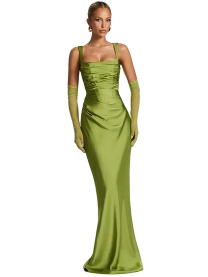 🍒Satin backless sleeveless long dress satin maxi outfits for women spaghetti straps lace-up back bodycon club wear party occasion clothing  Kool kiwi