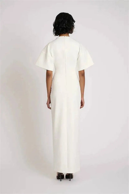 🍒Short sleeve maxi dress  ruched outfit brown women side split occasion dress with belt metal fashion o-neck club party wear occasion white long dresses Paint The Town Red In Brown