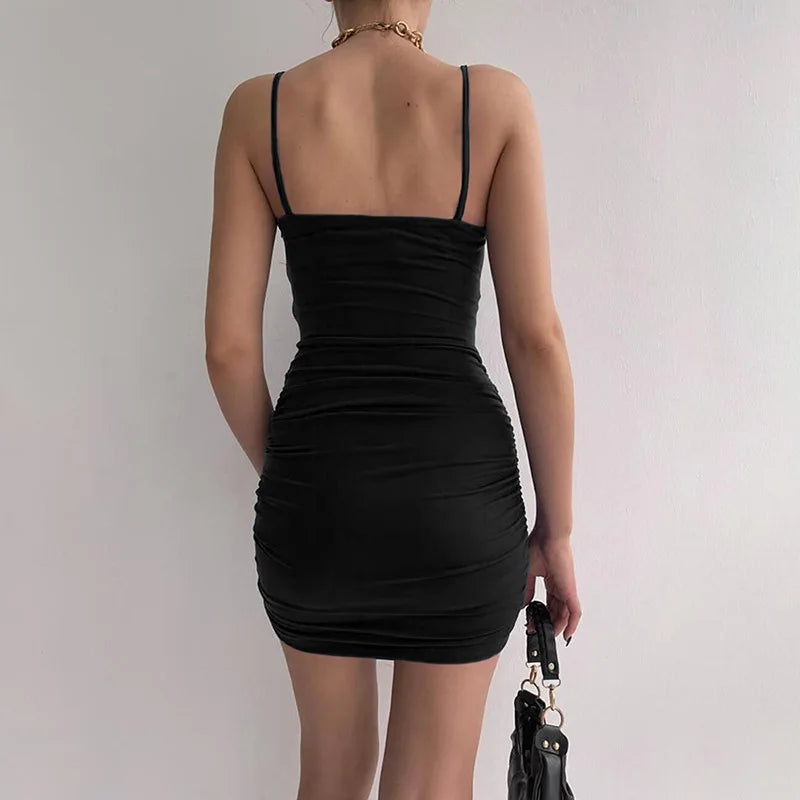 🍒Spaghetti strap bodycon dress backless design ruched mini female causal party occasion wear clothing Note This Notable knot 'Next'