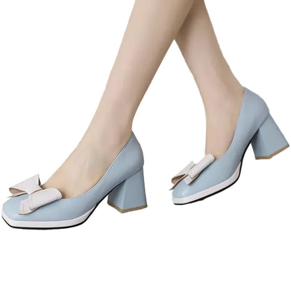 🍒Bow-tie heels women elegant shoes medium block heel pumps office wedding party shoes for occasions