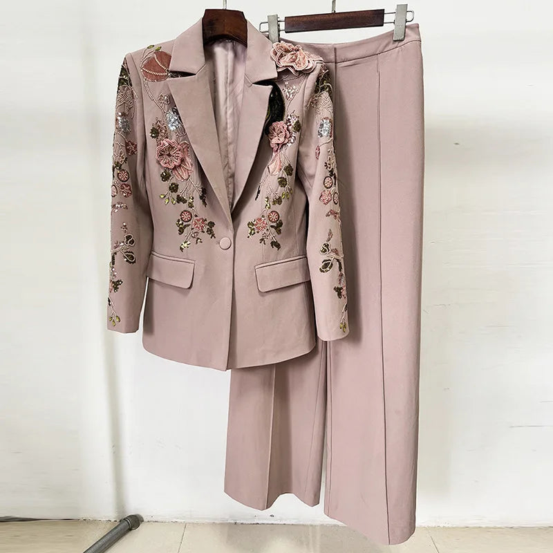 🍒Women's 2 piece occasion wear suit beaded set 3d flower Jacket Coat plus wide-leg pants female fashion clothes Plant This Floral In Your Basket