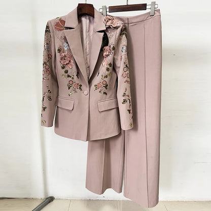 🍒Women's 2 piece occasion wear suit beaded set 3d flower Jacket Coat plus wide-leg pants female fashion clothes Plant This Floral In Your Basket