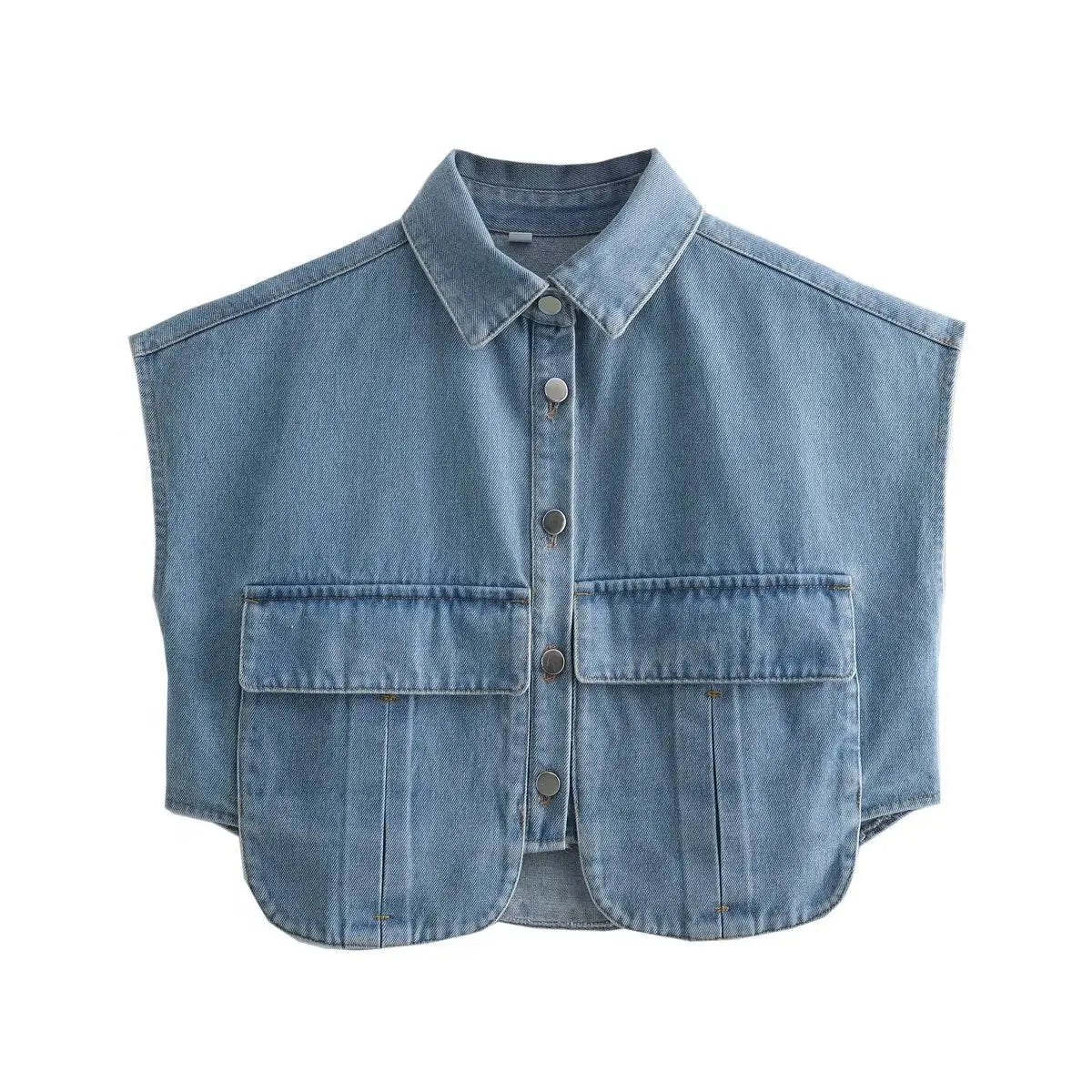 🍒Women's summer cropped shirt sleeveless blouse top ladies elegant with large pockets vintage style chic casual solid summer clothing high end cardigan denim top Pocket This Crop