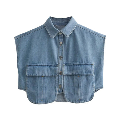 🍒Women's summer cropped shirt sleeveless blouse top ladies elegant with large pockets vintage style chic casual solid summer clothing high end cardigan denim top Pocket This Crop