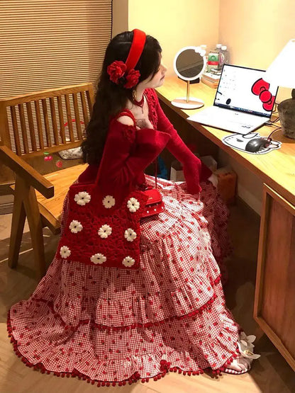 🍒女士叠层长裙草莓球弹力高腰时尚复古服装优雅宽松长裙女夏休闲装穿上这条裙子，在你的草莓上抹上奶油吧
