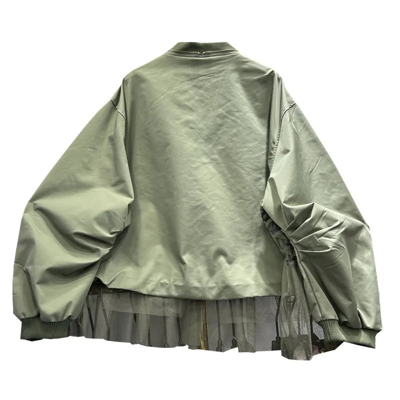 🍒Womens zipper cardigan Jackets v-neck loose fit casual outerwear long sleeve high street spring loose fit pockets and frills detail mixed media fashion clothing   You Will Be Frilled With This And Your Friends Will Be Green With Envy