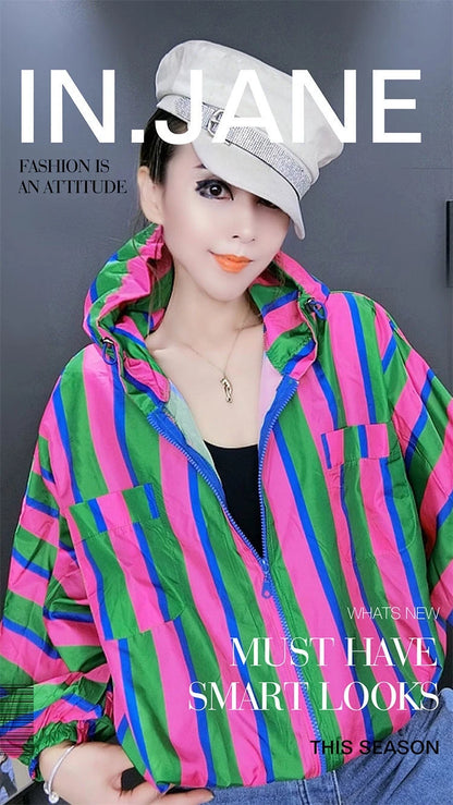 🍒Hooded windbreaker Jacket women streetwear long sleeves spring top quick drying Y2k striped clothing fashion casual bomber women    Swipe Right To This Right Stripe