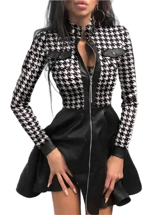 🍒Pu leerrok vir vroue kant gaas mou gemengde media mode partytjie rok mini elegante opstaande nek kraag a-lyn uitrusting Mooi Plaid Pu