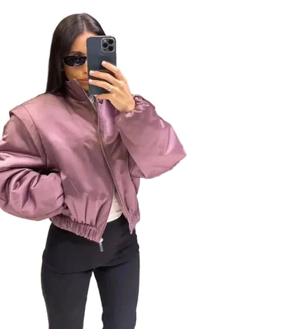 🍒Langmou-bomberbaadjie vir vroue, met ritssluiting en opstaande kraag, buiteklere kort gemaklike baadjie soliede sjiek vroulike satynklere mode Mauve Is In
