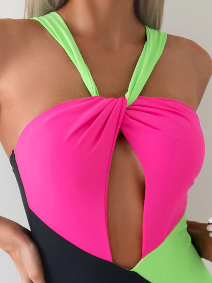 🍒Modieuse swemdrag eenstuk poelswemklere vir vroue Ruglose swemklere met uitsny-kruiskleur swembroek Tri-kleur Skouspel