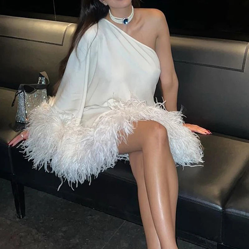 🍒Womens club dress elegant one shoulder cape outfits with feathers hem cloak outerwear fashion autumn winter ladies party clothes Chicky Chic