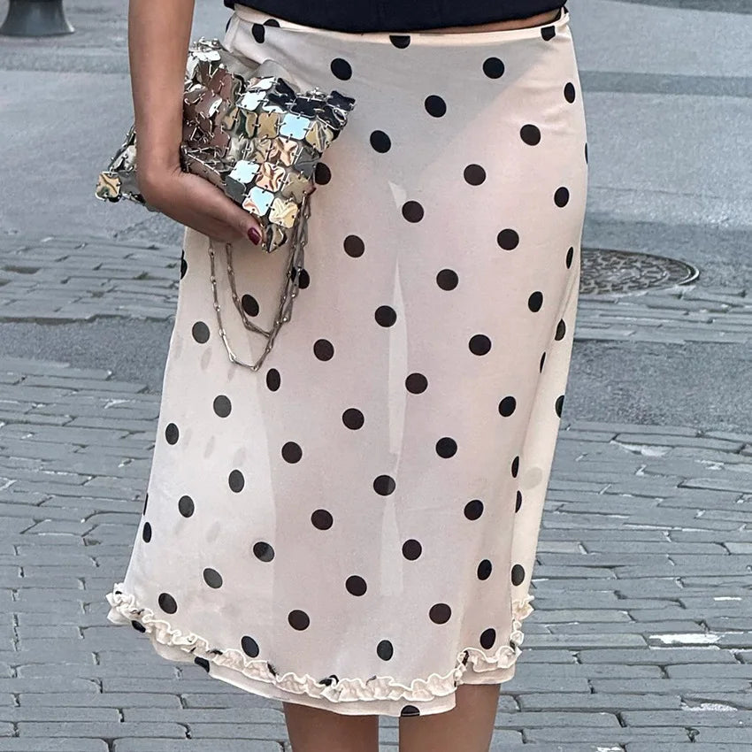 🍒Polka dot hoë middellyf romp dames chiffon kant romp oor knieë mode kantoor dame elegant a-lyn somerdrag Geen Polka-pret by hierdie Prettige Polka nie