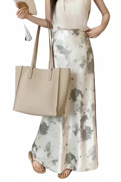 🍒Elastic satin skirt with high waist slimming mid-length floral print high-end feel fish tail skirt shiny for women Slip On A Silky Slippy