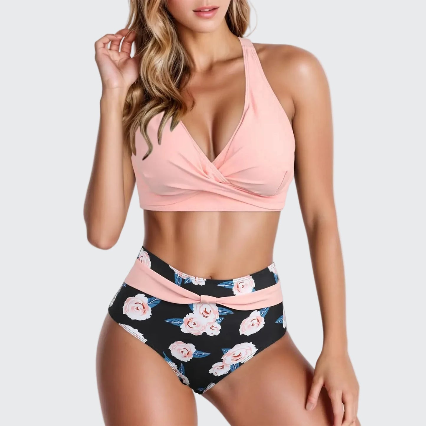 🍒V neck bikini set polka dot print swim set high waisted swim wear for women solid push up two-piece swimwear printed beach wear fashion get SET for the BEACH