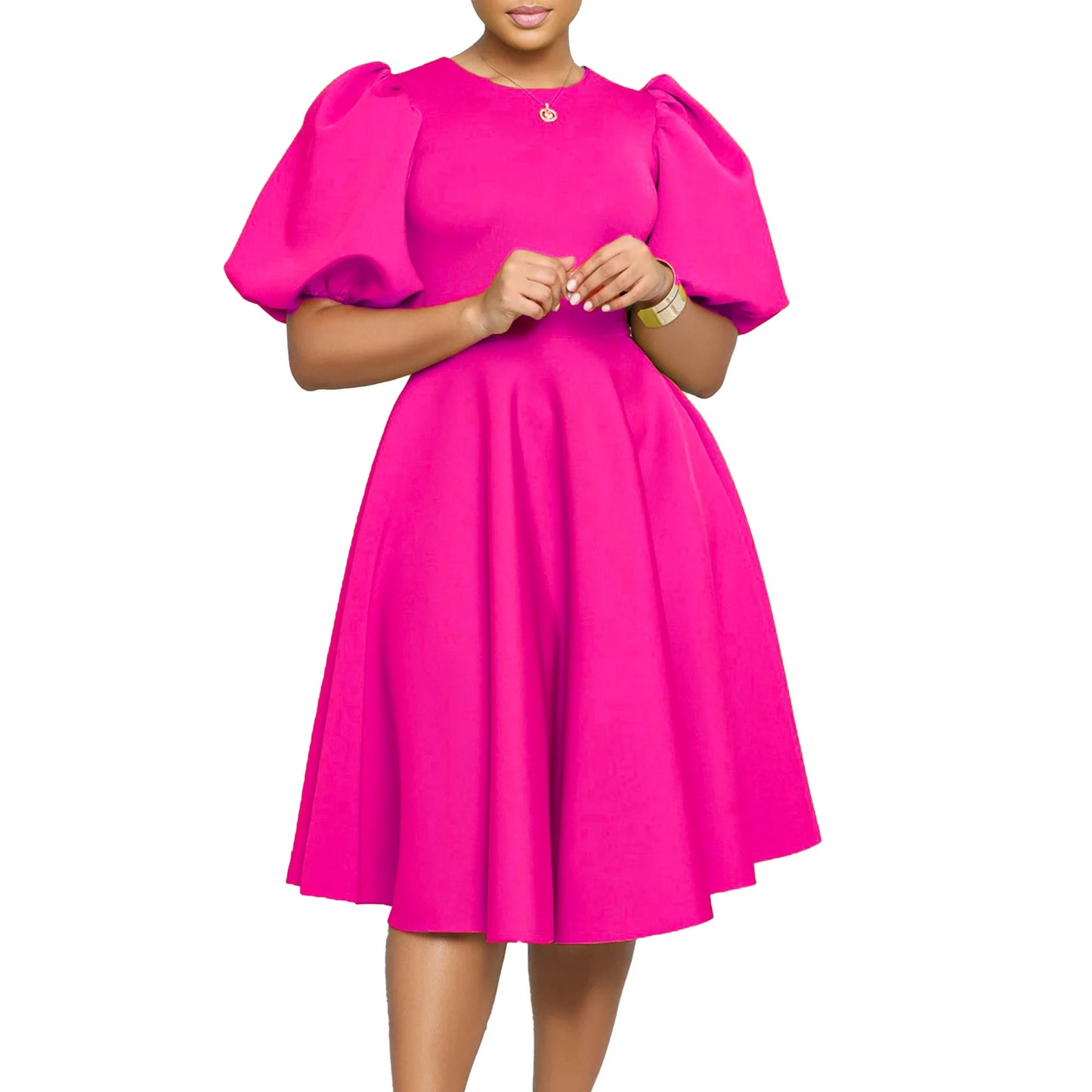 🍒Elegante rokke vir dames met O-nek, kortmoue, uitrusting vir verjaarsdagpartytjie, hoë middellyf, geplooide pofmoue, vrouemodemode, geleentheidsdrag, aandpartytjiedrag, middelkalf, luukse B'day Bopper Beauty Babe
