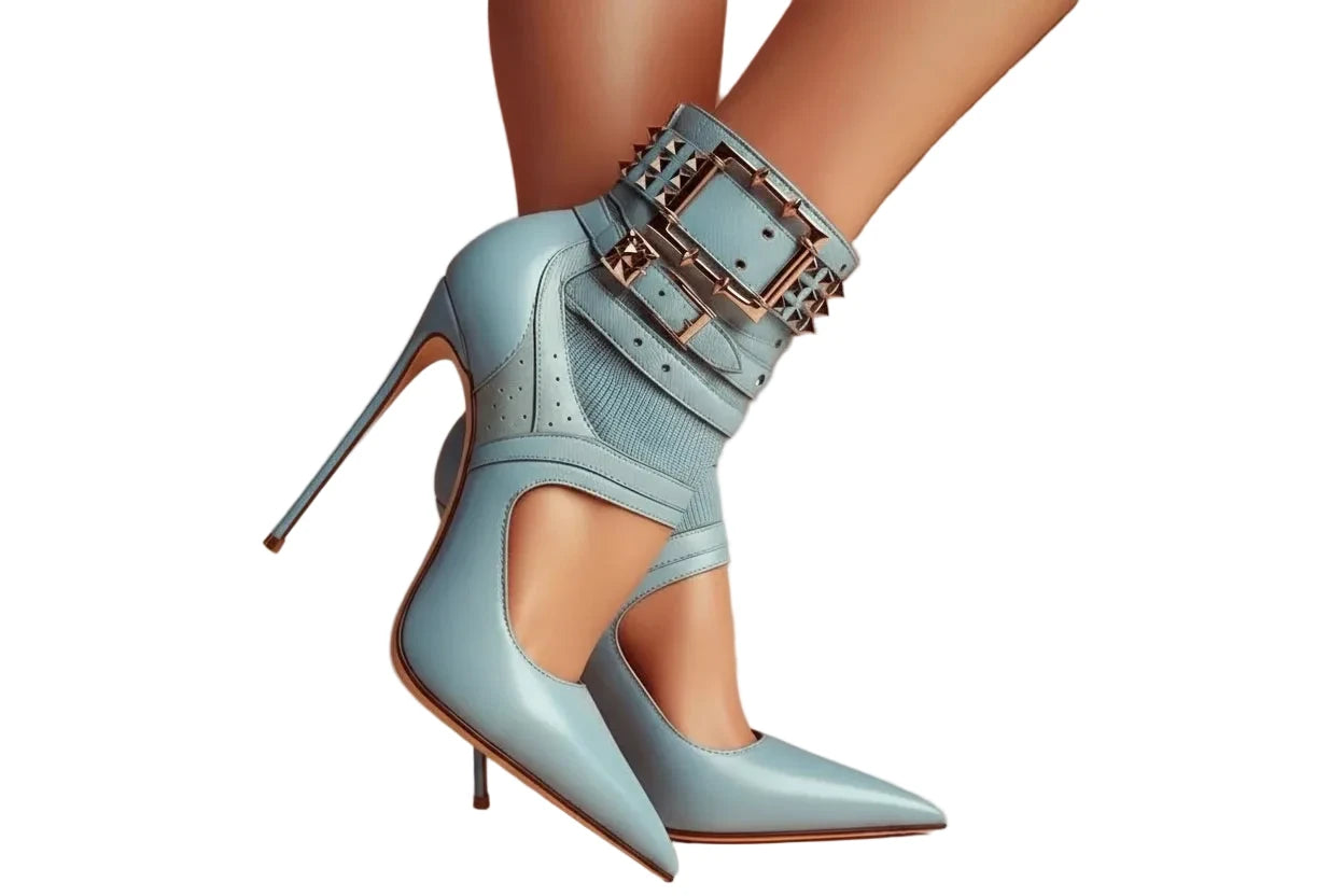🍒Studded buckle strap cut-out sandal boot shoes womens stiletto splicing pointed toe high heels blue faux leather ankle boots lady edgy luxe footwear for occasion party Booboo Beauty Blue