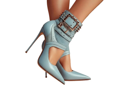 🍒Studded buckle strap cut-out sandal boot shoes womens stiletto splicing pointed toe high heels blue faux leather ankle boots lady edgy luxe footwear for occasion party Booboo Beauty Blue