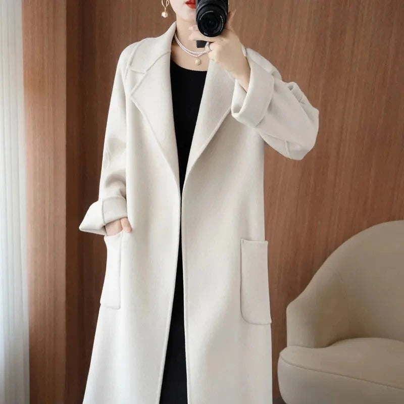 🍒100% wool coat for women autumn/winter fashion double sided cashmere coat with belt elegant long overcoat smart casual outerwear Warmup In Wool