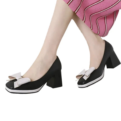 🍒Bow-tie heels women elegant shoes medium block heel pumps office wedding party shoes for occasions