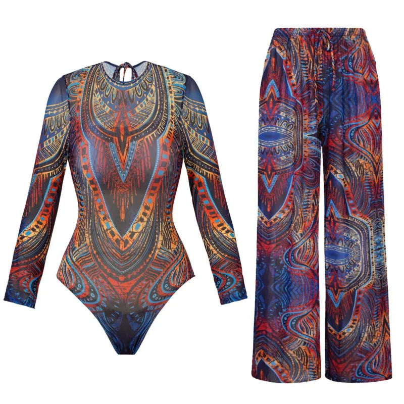 🍒Two piece set swimwear pants and swimsuit for women summer bathing suit and wide leg trouser beach cover up swimming suit set beach wear party outfit Suited For Swimming