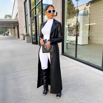 🍒Womens pu leather coat Long sleeve+trench extra long winter lapel fashion outerwear fashion work coat maxi Get A Long Look In Leather