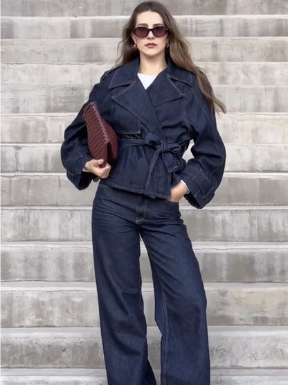🍒Denim langbroekstel straat Y2K-mode vroue-reversdas-middelbaadjie plus reguitpypjeans langmoubaadjie en broek jeans twee-stukpak damesuitrustings slim gemaklike klere Trek aan in denims