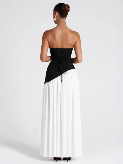 🍒Strapless hoëgleufrok moulose ontwerp ruglose lang somerrok swart en wit uitrusting vroue kontras aanddrag partytjierokke Smashing Slash