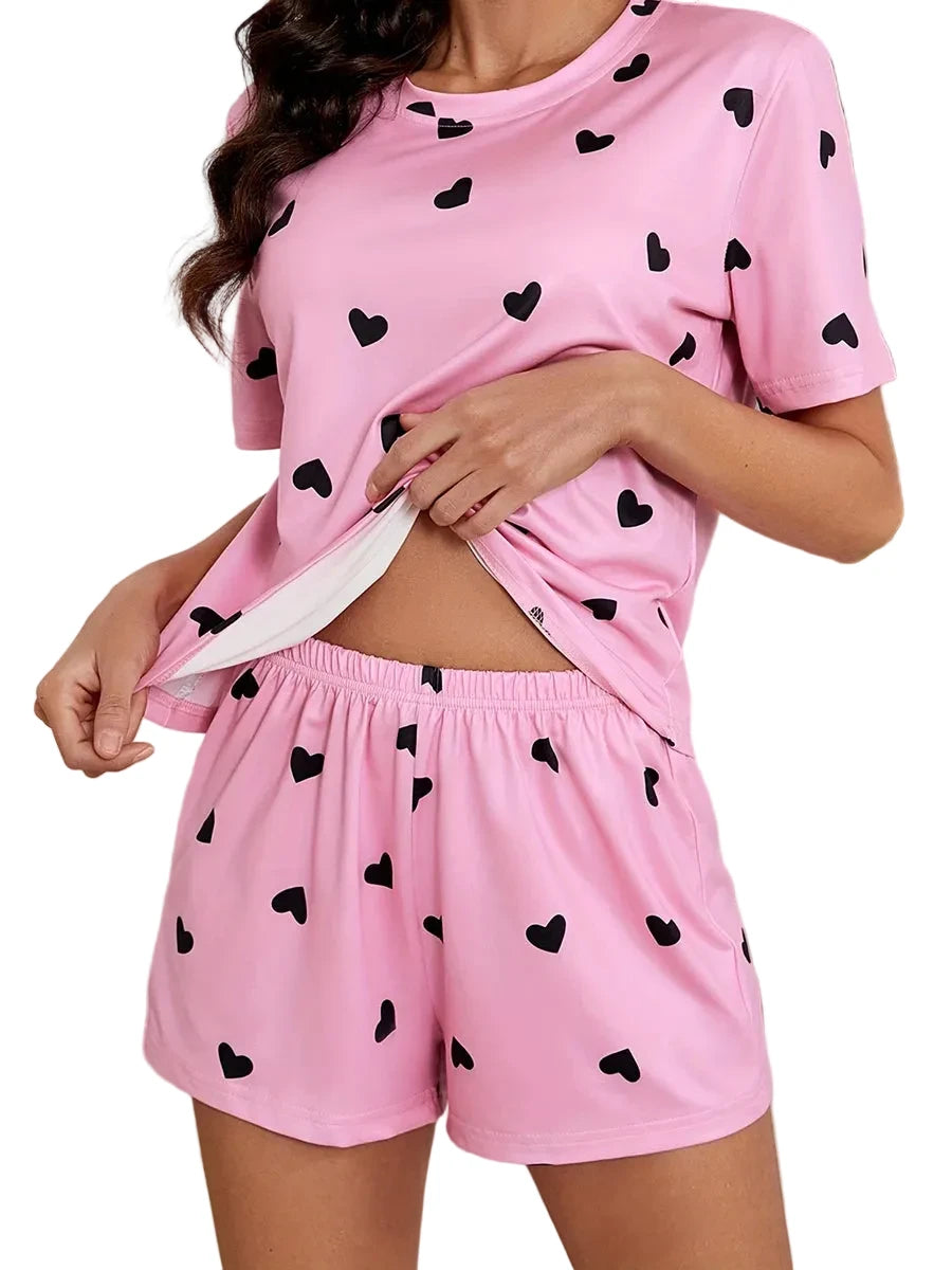 🍒女士爱心睡衣套装印花针织时尚心形印花上衣柔软短袖上衣和短裤睡衣套装，适合舒适家居服休闲服 轻松有趣